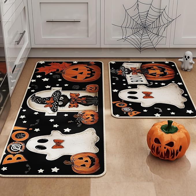 Halloween Kitchen Mat Set of 2, Pumpkin Ghosts Boo Cat Halloween Decor, Halloween Rug for Floor, Indoor Home Decor with Non-Slip Backing,17 x 29 Inch & 17 x 47 Inch-Ruum Studio Home
