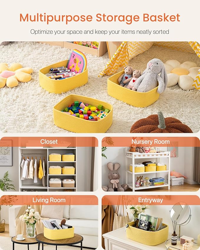 KALLAX Small Woven Basket, 13.5 x 9.5 x 5 Inches, Storage Basket for Organizing, Cute Small Rope Shelf Closet Cube Storage Bins Baskets for Shelves, Dog Toy Gift Baskets Empty, 3 Pack Yellow-Ruum Studio Home