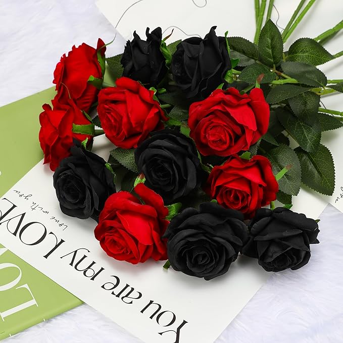 Black Fake Roses Artificial Flowers - 10 Pcs Fake Artificial Roses Silk Flowers with Stems for Home Wedding Hotel Office Centerpiece Decor-Ruum Studio Home