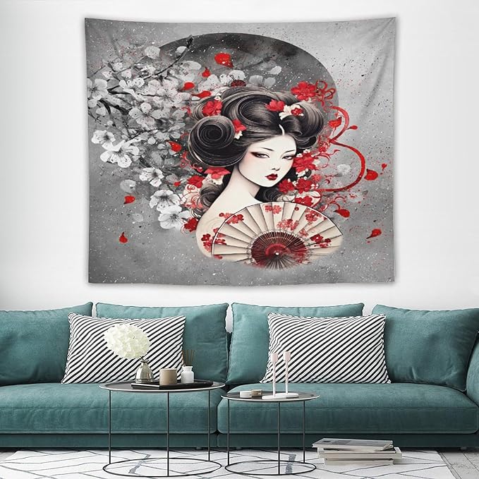 Japanese Geisha Tapestry Asian Red Cherry Blossom Red Sun Traditional Kimono Folk Tapestries Home Decor for Living Room Bedroom Apartment Farmhouse Dorm 60"x50"-Ruum Studio Home