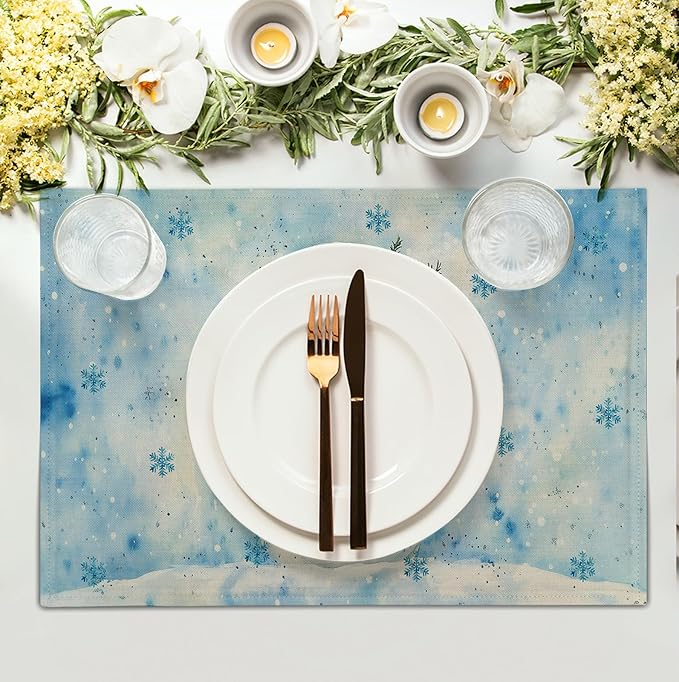 Blue Snowman Snowflake Winter Placemats Set of 4 Seasonal Christmas Linen Table Mats 12x18 Inch Xmas Holiday Snow Farmhouse Rustic Washable Place Mats for Party Kitchen Dining Outdoor Indoor Decor-Ruum Studio Home