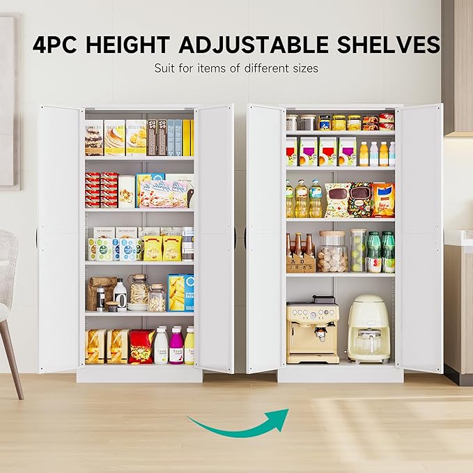 SISESOL Metal Storage Cabinet with 2 Doors and 5 Shelves,61 inch White Pantry Storage Cabinet,Large Farmhouse Pantry Cupboard for Home,Kitchen,Dining/Living Room-Ruum Studio Home