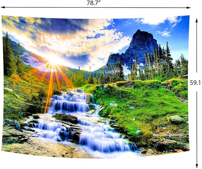 Delur Mountain Waterfall Tapestry Sunset Forest Tree Nature Landscape Tapestry Wall Hanging Tropical Sunrise Rainforest Psychedelic Scenic Headboard for Bedroom Living Room Home Decor (59.1" x 78.7")-Ruum Studio Home