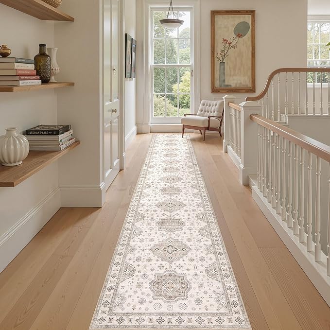 Washable 2.6x12 Runner Rug - Area Rugs Neutral Vintage Distressed Floral Farmhouse Boho Large Soft Floor Rug Indoor Carpet for Hallway Entryway Kitchen Home - Beige Brown-Ruum Studio Home