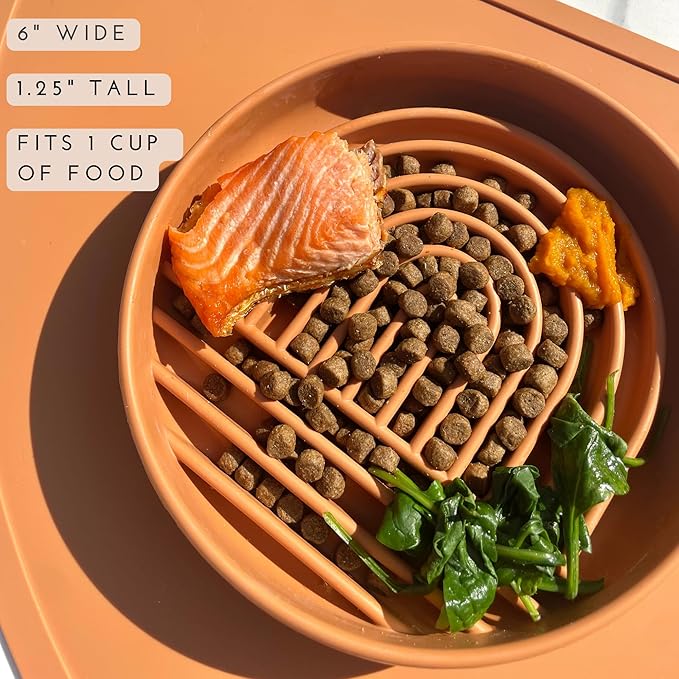 The Slowdown Bowl Silicone Slow Feeder for Cats & Kittens, Slow Eating Mealtime Solution with Modern Lick Mat Design, Reduces Gulping, Fits 1 Cup 6” Across x 1.25” Tall, Small-Tan-Ruum Studio Home