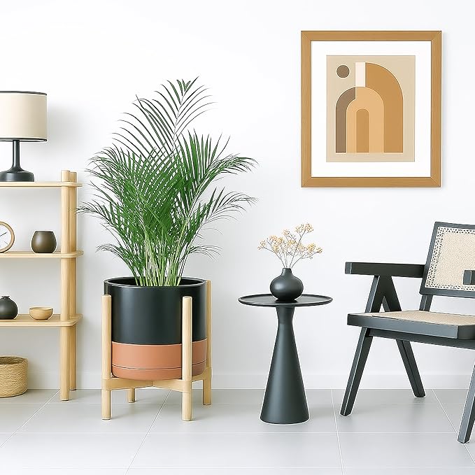 D'vine Dev Ceramic Planter with Natural Stand - 12 Inch Modern Round Flower Pot with Wood Planter Holder, Black/Speckled Tan, 55-B-J-7-Ruum Studio Home