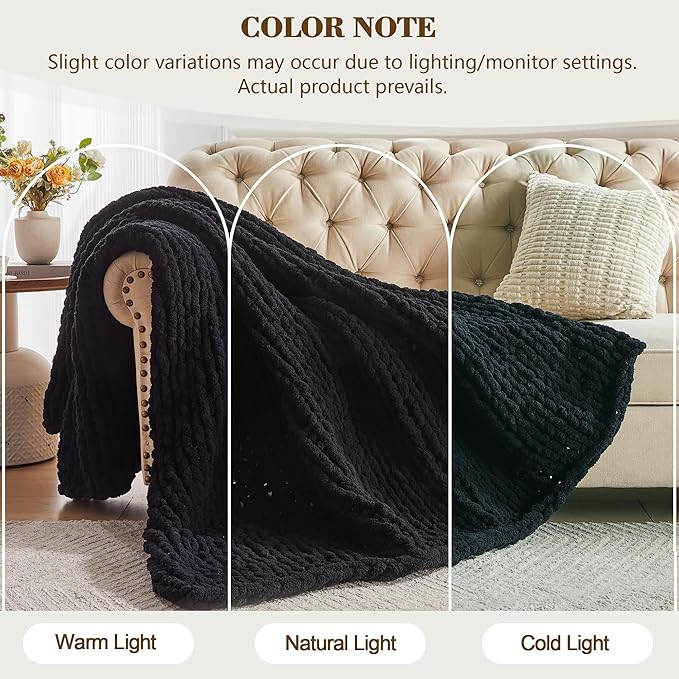 Carriediosa Chunky Knit Throw Blanket 50" X 60", 100% Hand Made Large Chenille Loop Yarn Soft Fluffy Throws for Couch Sofa Bed, Big Crochet Cozy Heavy Thick Cable Woven Blankets, Black-Ruum Studio Home
