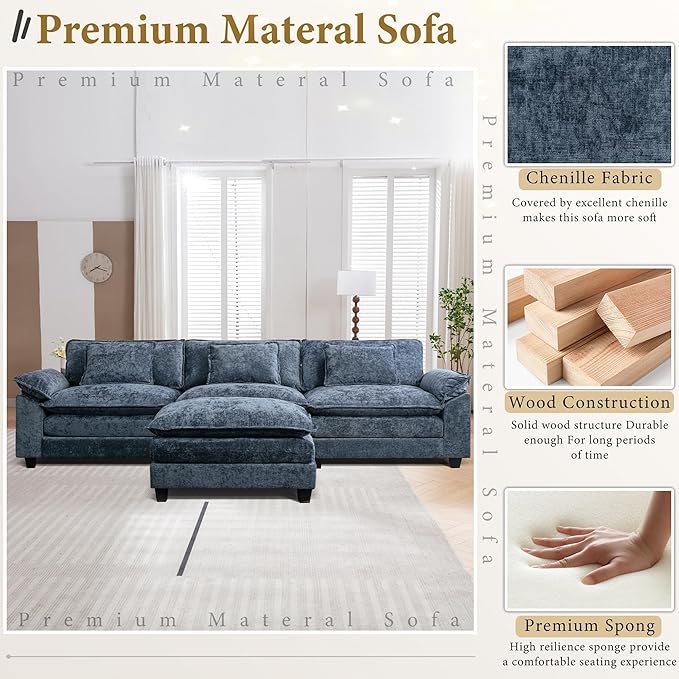URRED Modular Sectional Sofa Comfy Cloud Couch, Modern Chenille Sofa Sleeper Deep Seat Couches with Ottoman/Pillows for Living Room (Blue, 117''- L Shape)-Ruum Studio Home