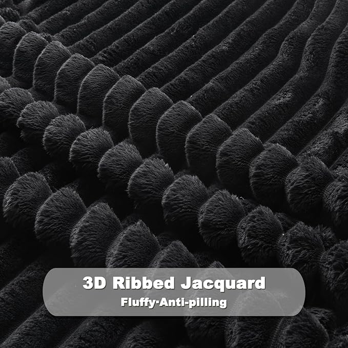 NEWCOSPLAY Super Soft Throw Blanket Black Premium Silky Flannel Fleece 3D Ribbed Jacquard Lightweight Bed Blanket All Season Use (Black Ribbed, Throw(50"x60"))-Ruum Studio Home