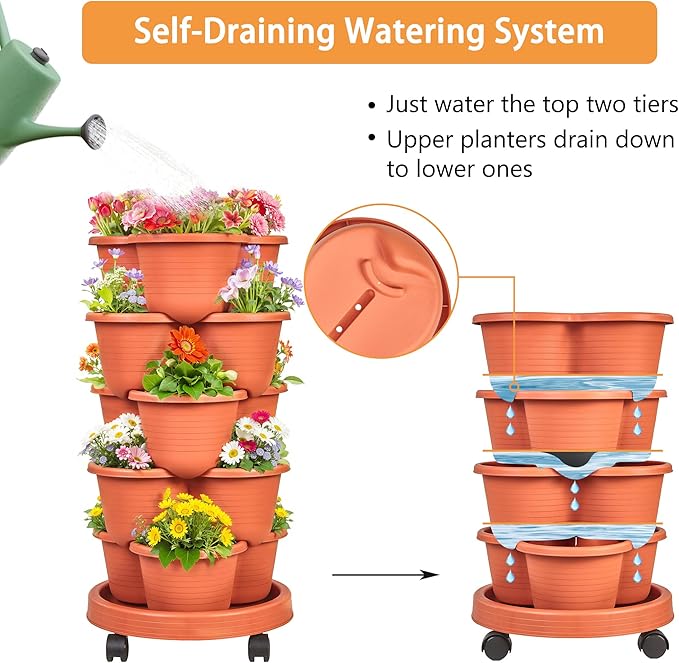 VECELO 5 Tier Vertical Garden Planter, Self Watering Stackable Planters with Wheels for Strawberries, Herbs, Flowers, Vegetables, Red-Ruum Studio Home