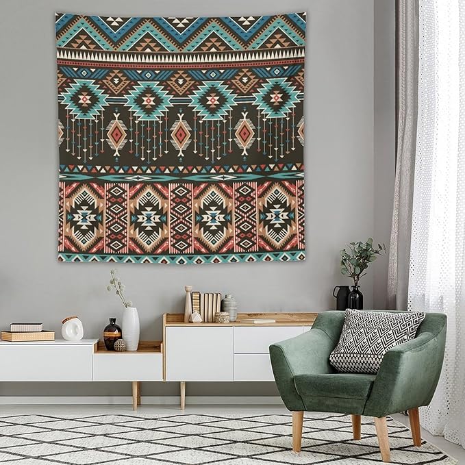 HZOHNAGO Aztec Tapestry Turquoise Blue and Brown and Native American Tribal Pattern Printed Wall Tapestry Wall Hanging for Bedroom Living Room Dorm 60" W x 60" H-Ruum Studio Home