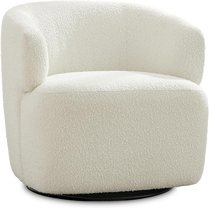 Swivel Accent Chair, Sherpa Teddy Barrel Chair for Living Room, Cozy Round Boucle Arm Chair, Metal Base for Club Nursery Bedroom, White-Ruum Studio Home