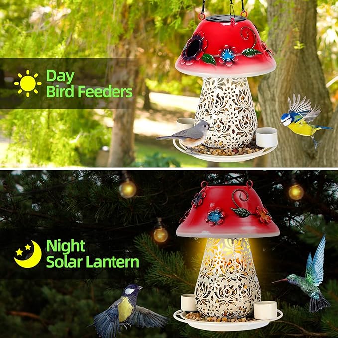 Mushroom Solar Bird Feeders for Outdoors Hanging Metal Wild Bird Feeder Garden Lantern with S Hook for Garden Decoration red-Ruum Studio Home