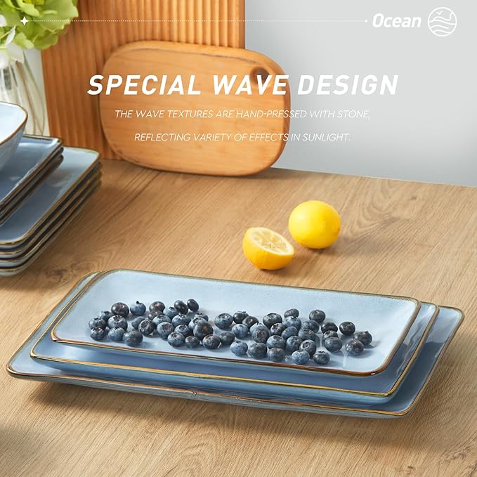 famiware Serving Platter, Rectangular 15.67/14.1/12.6inch Serving Dishes for Entertaining, Reactive Glaze, Stoneware Serving Trays for Party, Food, Turkey, Snack, Cheese, Ocean Series, Blue-Ruum Studio Home