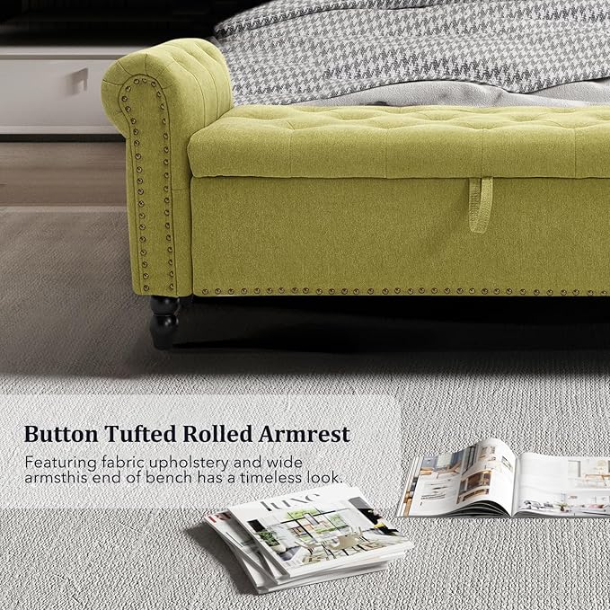 Furniliving 55” End of Bed Bench, Bedroom Bench with Button-Tufted, Large Upholstered Storage Ottoman Benches Entryway Bench with Storage Shoe Cabinet Bench, for Bedroom, Living Room, Linen, Green-Ruum Studio Home