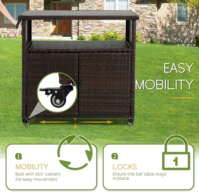 Wicker Outdoor Bar Cart - Brown Patio Console Storage Table Buffet Cabinet Serving Kitchen Cart with Wheels for Outside Backyard-Ruum Studio Home