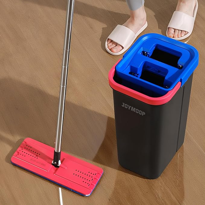 JOYMOOP Mop and Bucket Set for Home, Hands-Free Self-Cleaning System, with 5 Reusable Microfiber Mop Pads, Suitable for Floor Cleaning and Wall Cleaner - Black+Red+Slate Blue-Ruum Studio Home