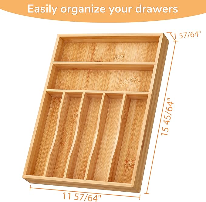 BAMEOS Bamboo Silverware Drawer Organizers, 11.9 inch Utensil Drawer Organizer for Kitchen Drawers, 7 Slots Total Large Flatware Organizer for Knives Cutlery Spoons Forks (Natural)-Ruum Studio Home