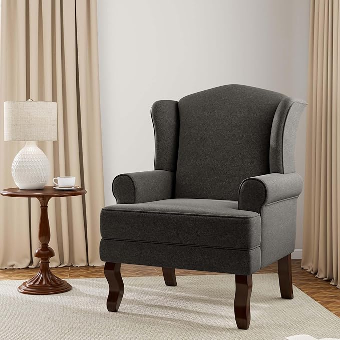 Accent Chair, High Back Upholstered Armchair with High Resilience Sponge & Wood Legs, Mid-Century Modern Comfy Single Sofa Reading Chairs for Living Room, Bedroom (Dark Grey, Set of 1)-Ruum Studio Home