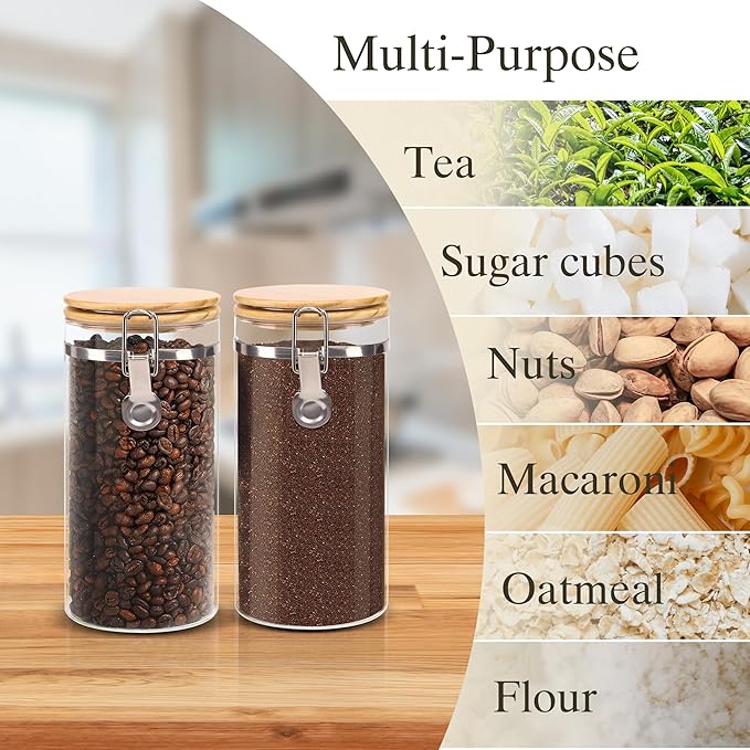 Glass Storage Jars Set Elegant Containers with Airtight Bamboo Lids, Perfect for Kitchen Organization - Flour, Rice, Pasta, Sugar, Coffee Beans, Accessories Included (Coffee Jar x 2)-Ruum Studio Home