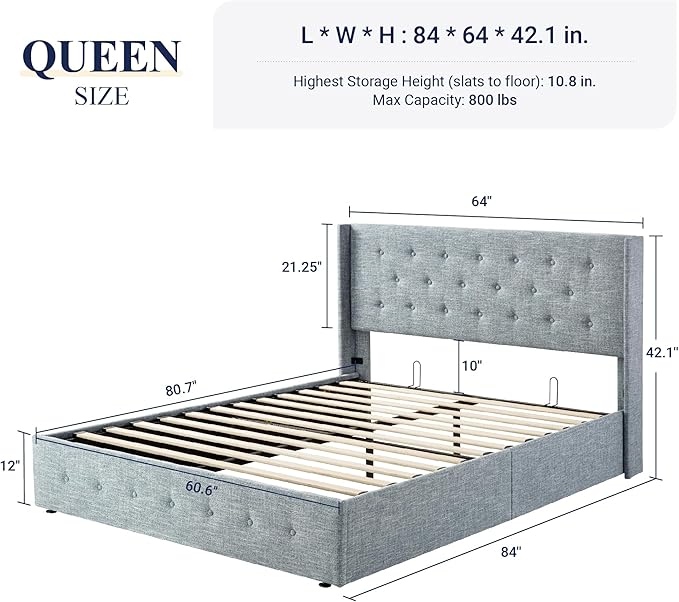 Allewie Queen Size Lift Up Storage Bed, Button Tufted Headboard with Wingback, Hydraulic Support, No Box Spring Needed, Grey Blue-Ruum Studio Home