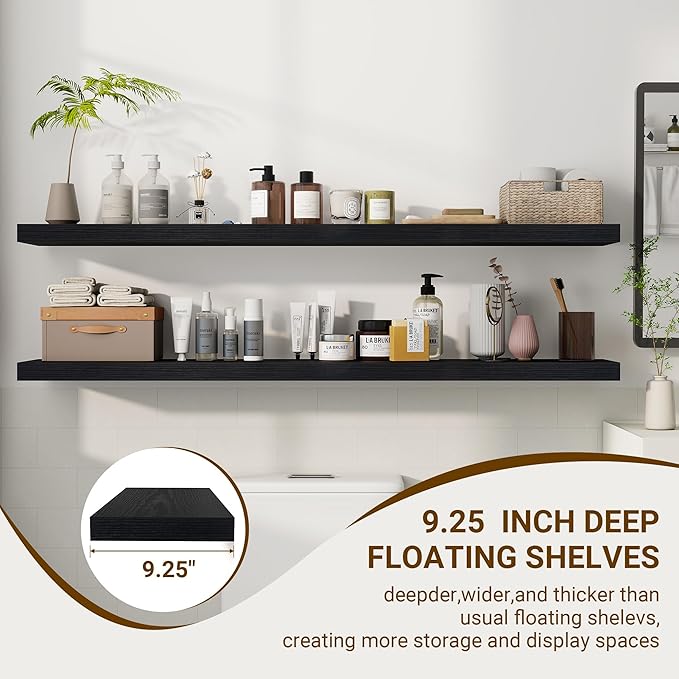 55 Inch Floating Shelves, 55"x9.25"x1.5" Inch Deep Floating Shelves for Wall, Wooden Shelves for Bathroom, Bedroom, Living Room, Black-Ruum Studio Home