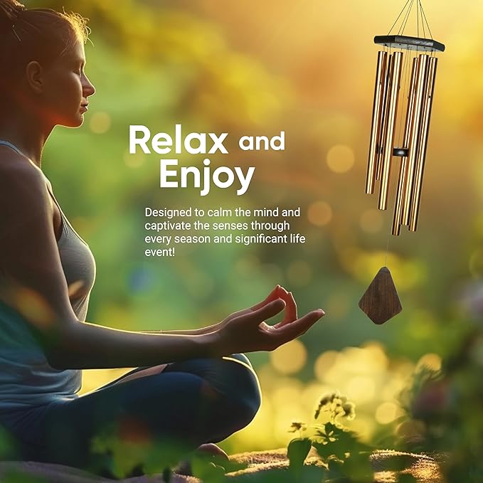 Nature’s Melody Premiere Grande Tunes Wind Chimes – Outdoor Windchime with 6 Tubes Tuned to E Pentatonic Scale, Rustproof Aluminum, Beech Wood & S Hook Hanger for Sympathy, Memorial Gift or Zen Garden-Ruum Studio Home