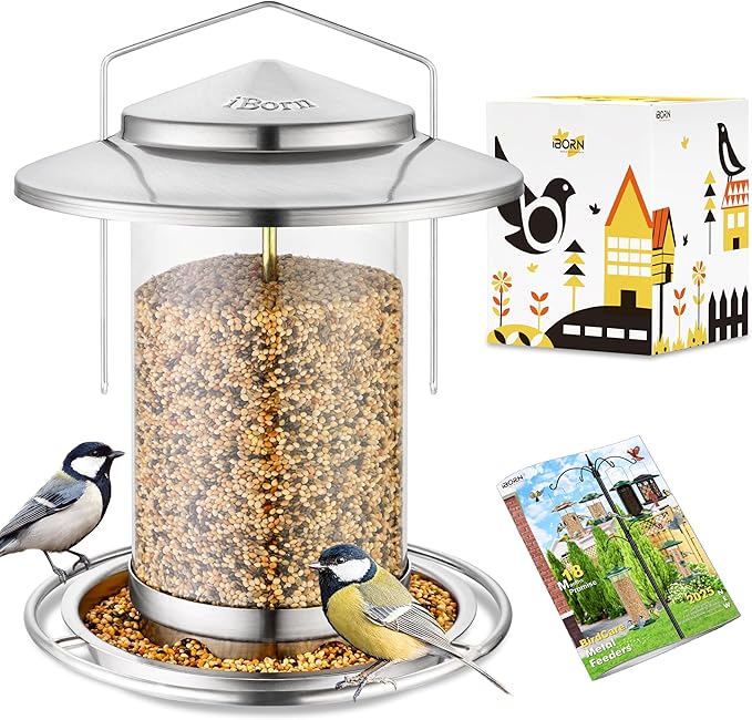 iBorn Metal Bird Feeders for Outdoors,Easy Clean Bird Seed Feeder,Hanging Bird Feeder for Seeds with Gift Box,3-Second Refill Bird Feeder,Nickle 6 Port (Seed is not Included)-Ruum Studio Home