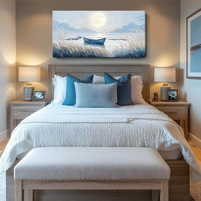 Oversized Large Living Room Wall Art, Blue Wall Decor for Bedroom, Modern Nautical Ocean Beach Seascape Nature Picture Sailboat Moon Lake Mountain Canvas Print Relaxing Serene Coastal Rustic Artwork-Ruum Studio Home