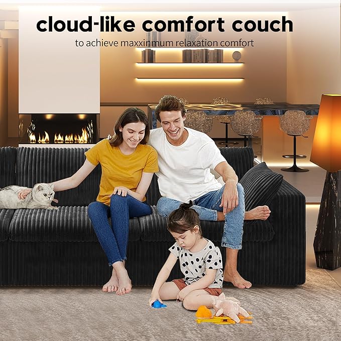 118" 3-Seater Cloud Sofa,Modular Sectional Couch,Modern Deep Seat Upholstered Couches with Plush Corduroy Fabric for Living Room Furniture,Bedroom and Apartment,No Assembly Required,Black-Ruum Studio Home