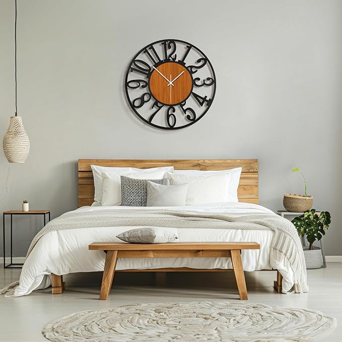 Maxstar Round Wall Clock for Living Room Decor Battery Operated Non Ticking Black Metal Wood Clocks for Home Living Room Garden Office Kitchen Decoration -20 inch