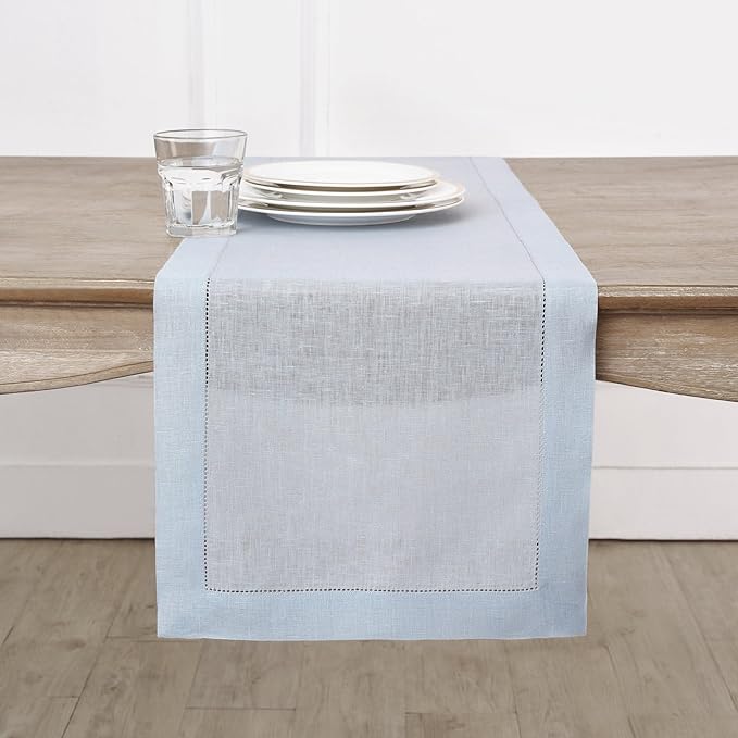 Solino Home Linen Light Blue Table Runner 72 Inches Long - 100% Pure Linen Hemstitch Table Runner 14 x 72 Inch for Dresser, Dining - Classic Hemstitch-Ruum Studio Home