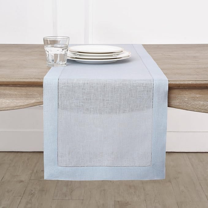 Solino Home Linen Light Blue Table Runner 108 Inches Long - 100% Pure Linen 14 x 108 Inch Table Runner - Classic Hemstitch-Ruum Studio Home