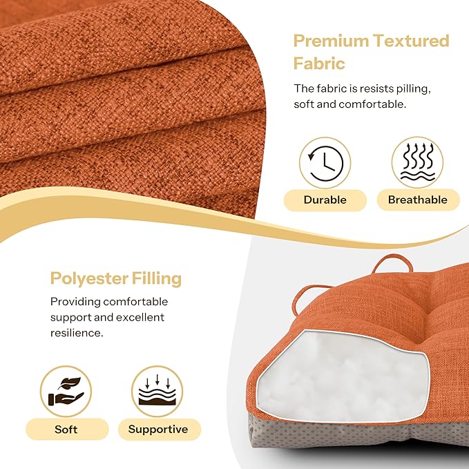 Non Slip Chair Cushions for Dining Chairs Set of 4 Kitchen Chair Cushions 18"x18"x3" Turfted Chair Pads Comfortable and Soft Seat Cushion with Ties, Orange-Ruum Studio Home