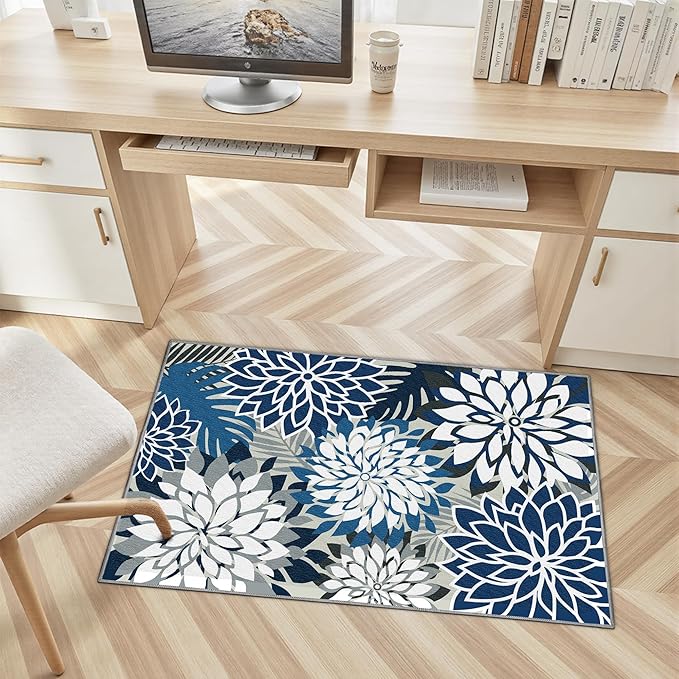 Area Rug 2x3 Blue White Washable Entry Small Rug Multicolored Tropical Botanical Modern Floral Indoor Kitchen Door Mat Entrance Carpet Non Slip for Bedroom Living Room, Porch-Ruum Studio Home