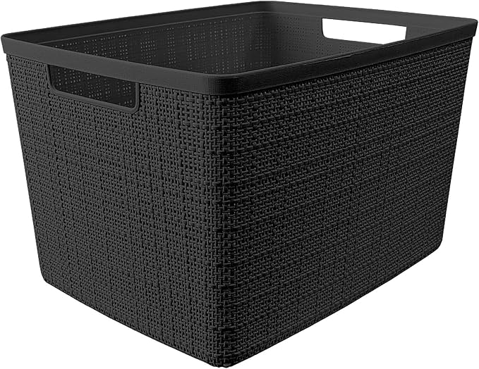 Curver Jute Large Decorative Plastic Organization and Storage Baskets, Perfect Bins for Home Office, Closet Shelves, Kitchen Pantry and All Bedroom Essentials, Pack of 4, Black-Ruum Studio Home