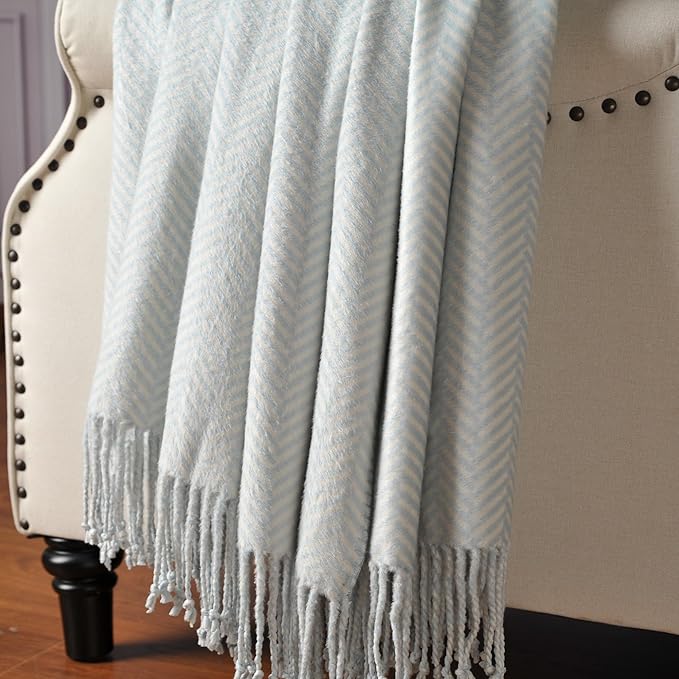 CUDDLE DREAMS Silk Throw Blanket with Hand-Knotted Fringe, Natural, Soft & Breathable (Herringbone Blue)-Ruum Studio Home