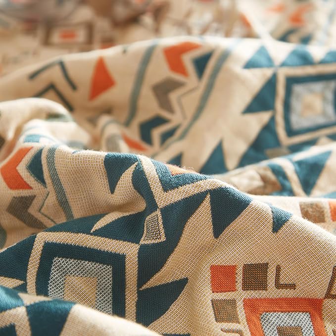 Boho Throw Blanket for Couch Sofa Bed, 100% Cotton Woven Quilt with Tassel 80”x90”, Super Soft Muslin Blanket with Patchwork Printed, Decorative Reversible Bed Blanket/Cover for All Seasons-Ruum Studio Home