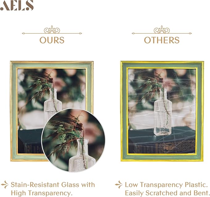 AELS 8x10 Inch Vintage Picture Frame, Elegant Antique Photo Frames with Glass Front, Photo Display, Tabletop Wall Hanging, Gift Ideas, Sage Green with Gold Trim-Ruum Studio Home