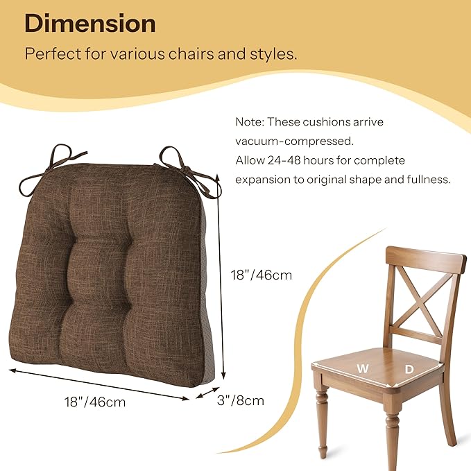 Non Slip Chair Cushions for Dining Chairs Set of 4 Kitchen Chair Cushions 18"x18"x3" Turfted Chair Pads Comfortable and Soft Seat Cushion with Ties, Coffee-Ruum Studio Home