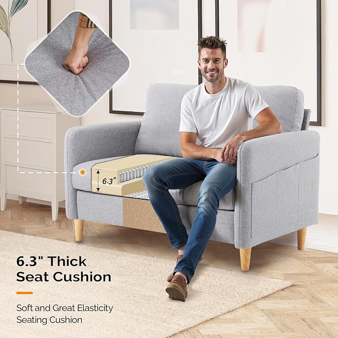 VINGLI 47" Small Couch, Linen Loveseat Sofa Light Grey Mini Couch Mid Century Modern Decor Love Seat for Small Spaces Living Room, Bedroom, Play Room-Ruum Studio Home