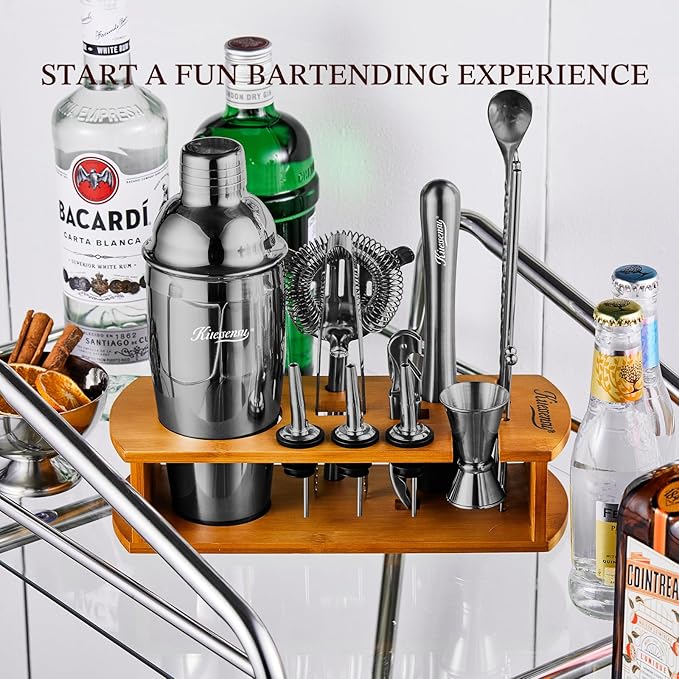 KITESSENSU Cocktail Shaker Set Bartender Kit with Stand | Bar Set Drink Mixer Set with All Essential Bar Accessory Tools: Martini Shaker, Jigger, Strainer, Mixer Spoon, Muddler, Liquor Pourers | Black-Ruum Studio Home