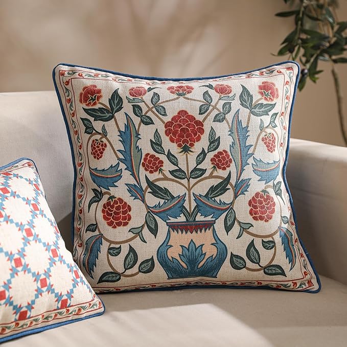 patdrea Designer Throw Pillow Covers Set of 4,Brilliant Vintage Red Tropical Linen with Floral Pattern Pillow Cover,Decorative Lumbar and Square Pillowcases Cushion for Bed Living Room Outdoor-Ruum Studio Home