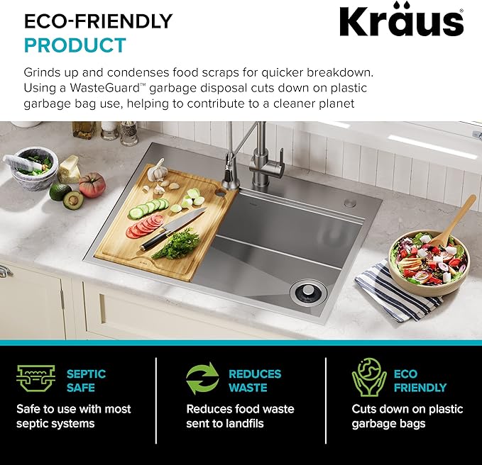 KRAUS WasteGuard 3/4 HP Ultra-Quiet Garbage Disposal with Quick Connect, Kitchen Sink Drain Cover, Power Cord and Flange Included, KWD100-75MBL-Ruum Studio Home