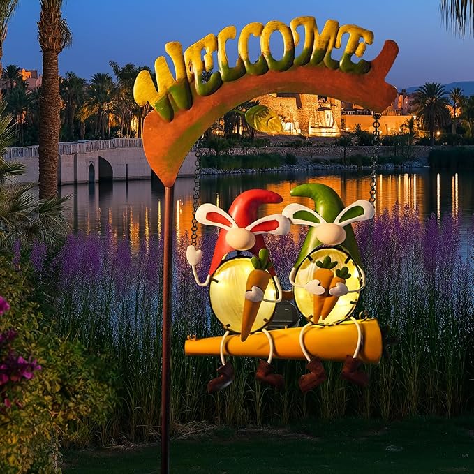 HONGLAND Solar Lights Outdoor Decor, Gnomes Swing Garden Decor, Funny Gardening Gifts for Women Mom, Gnome Outdoor Decorations with Welcome Sign for Front Porch Patio-Ruum Studio Home