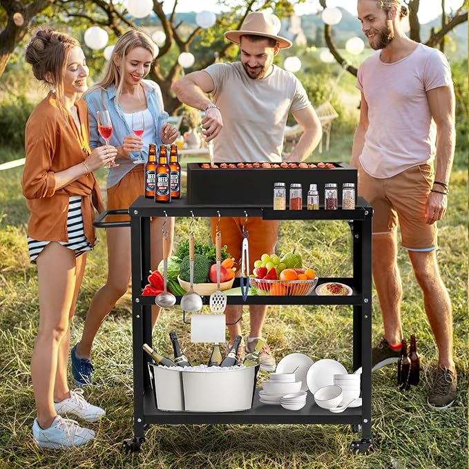 Outdoor Grill Cart Table,Indoor and Outdoor Pizza Oven Table,with 4 Movable Total Lock Casters, Hooks, Side Handle Multifunctional (Black)-Ruum Studio Home