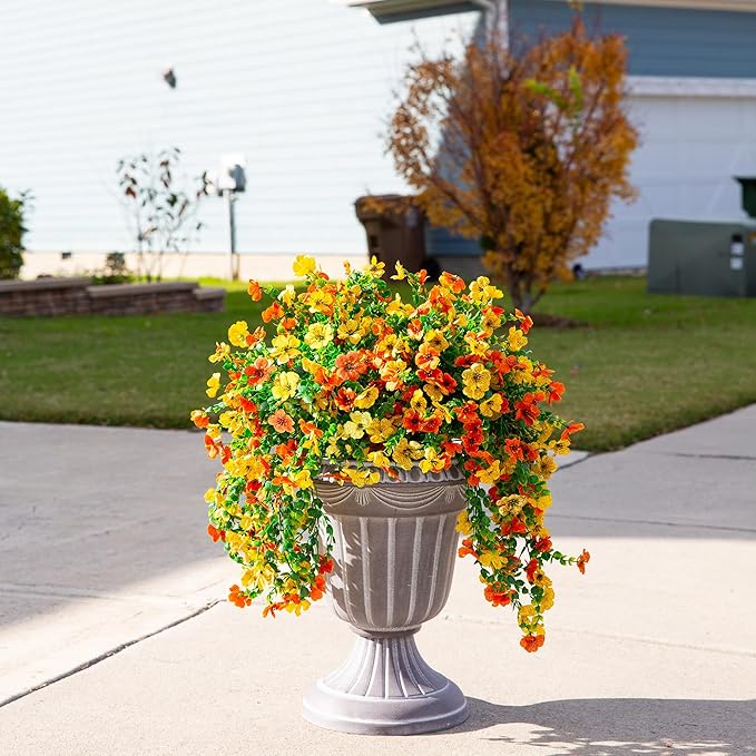 INSPRING Artificial Flowers for Outdoors Fake Mums Hanging Plants Decor, 2Pcs Silk Daisy with Eucalyptus UV Resistant Look Real Trailing Vines for Planter Front Door Patio Yard, OrangeYellow-Ruum Studio Home