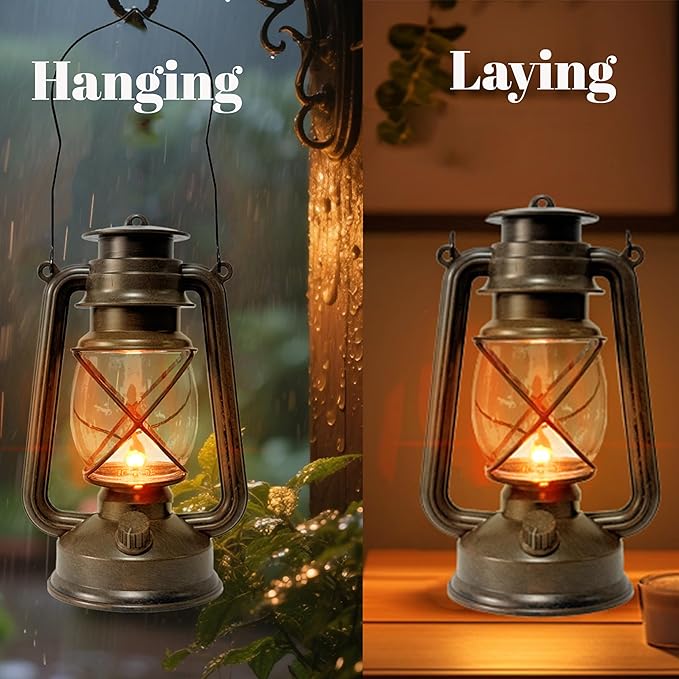Vintage LED Outdoor Lantern Battery Powered Lanterns with Flame Wick Waterproof Camping Lamp Non-Solar Hanging Lantern Lights Landscape Decor for Indoor/Outdoor Use-Ruum Studio Home