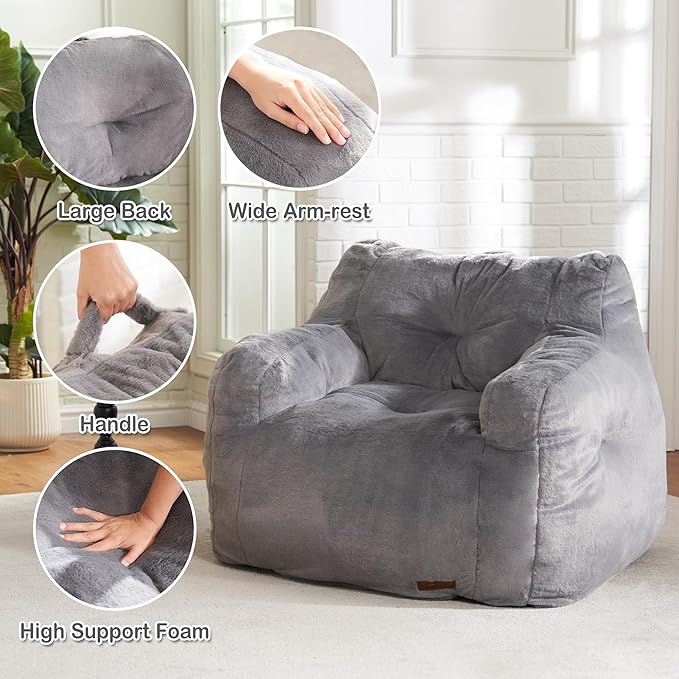 Hobestluk Bean Bag Chair for Adult Small Bean Bag Chairs with Arms Furry Beanbag Chair with Foam Filler Stuffed Bean Bag Sofa for Reading in Bedroom Living Room and Dorms(Grey)-Ruum Studio Home