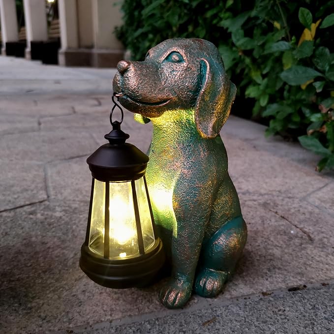 Dog Garden Statue Outdoor Décor with Solar Lights Lantern,Dog Solar Light Figurines Outside Decorations for Yard，Lawn ,Patio, Balcony, Unique Housewarming Gifts-Ruum Studio Home